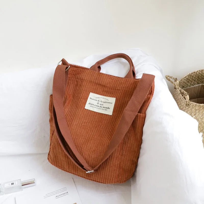 Women Corduroy Shoulder Bag Large Capacity Cloth Handbag Tote Female Crossbody Messenger Bags Ladies Simple Canvas Zipper Purses