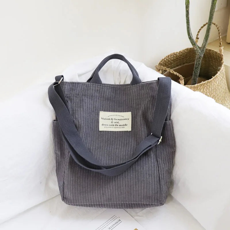 Women Corduroy Shoulder Bag Large Capacity Cloth Handbag Tote Female Crossbody Messenger Bags Ladies Simple Canvas Zipper Purses