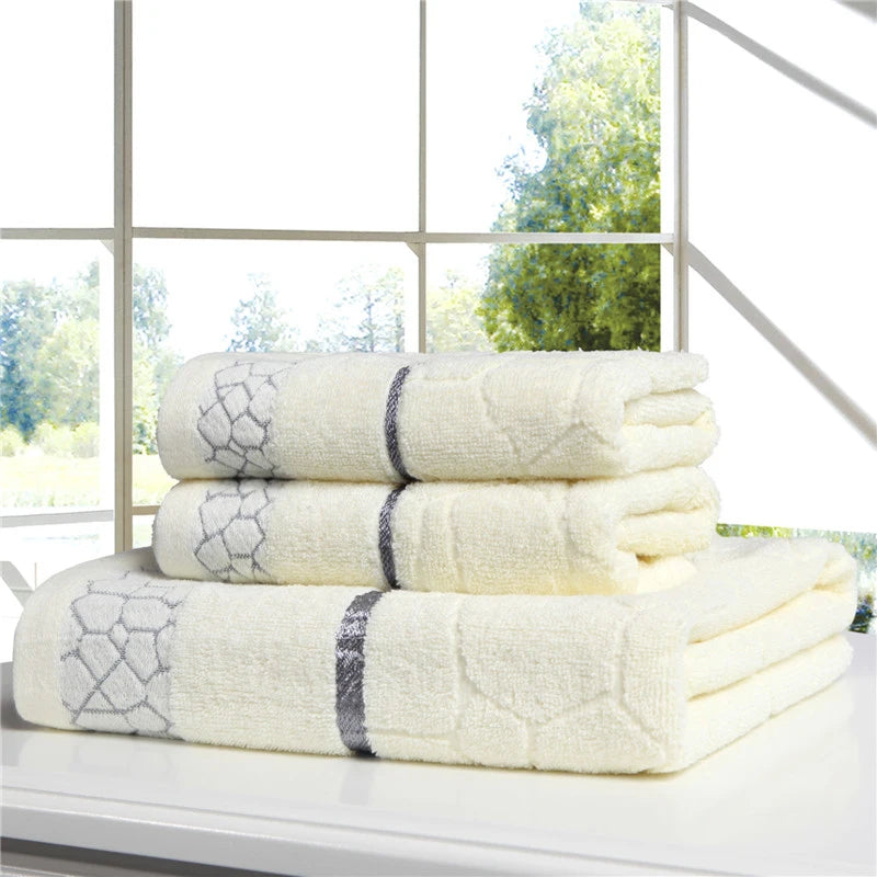 3pcs Towel Set for Adults Kids 100%Cotton Face Bath Washcloth, Blue Beach Towel, Water Cube Pattern, Bathroom Textile