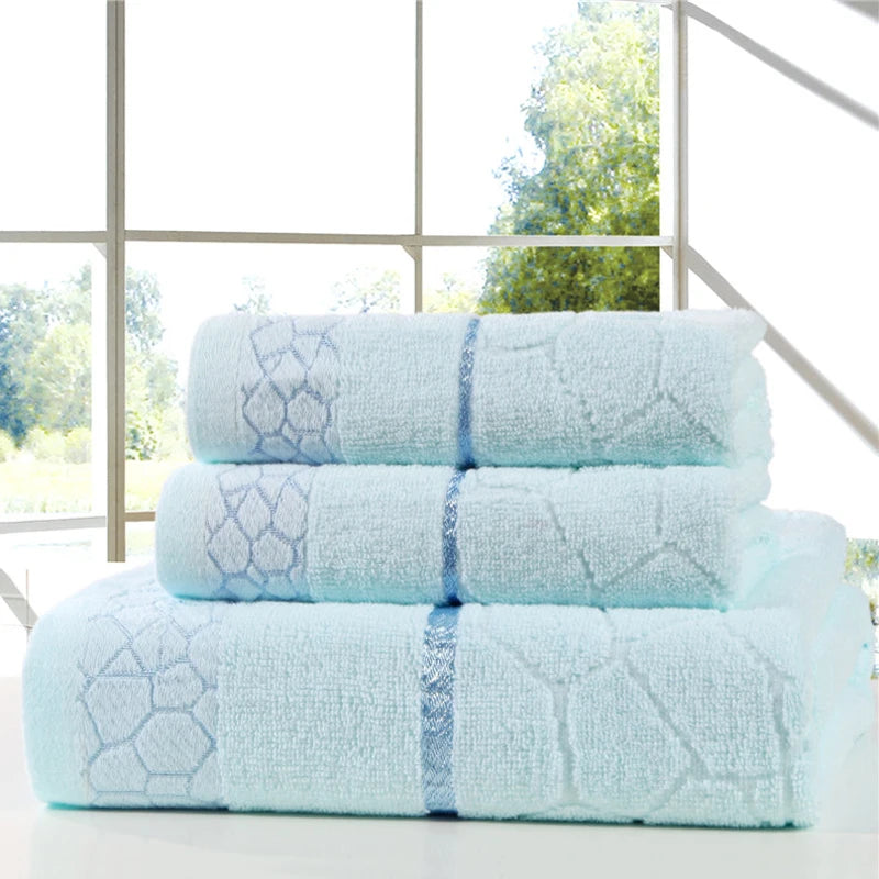 3pcs Towel Set for Adults Kids 100%Cotton Face Bath Washcloth, Blue Beach Towel, Water Cube Pattern, Bathroom Textile